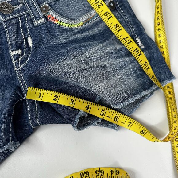 Big Star Shorts Womens 24 Blue Denim Jean MulticolorNeon Embroidered Distressed - Picture 13 of 14